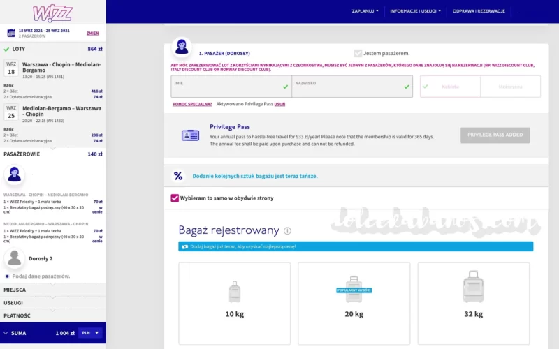 screen z rezerwacji na stronie wizzair