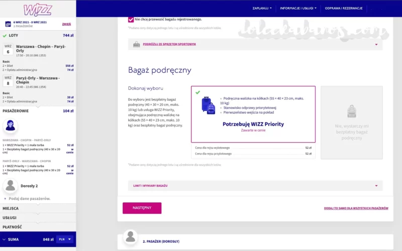 screen z rezerwacji na stronie wizzair