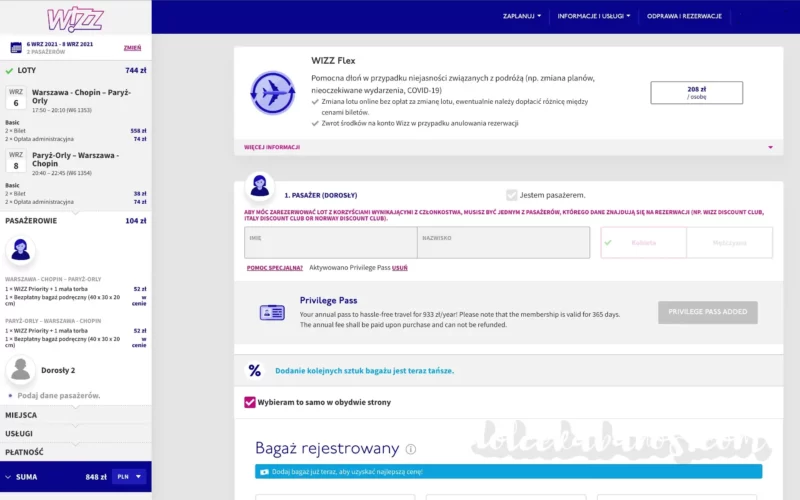 wizz privilege pass aktywne - screen z rezerwacji